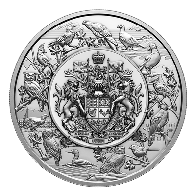 A picture of a 5 kg Heraldic Landscape: Birds of Canada Silver Coin (2024)